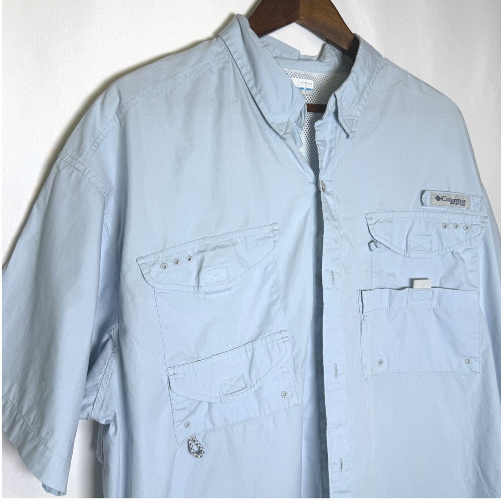 Columbia PFG Men Light Blue Short Sleeve Fishing Shirt XL Ventilated Button Down